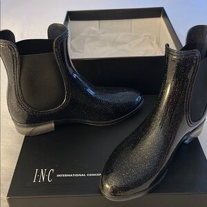INC Black Glitter Ankle Rain Boots